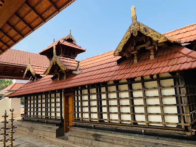 Traditional Wooden Carvings and Oil Lamp Mandapam of Kerala Temple